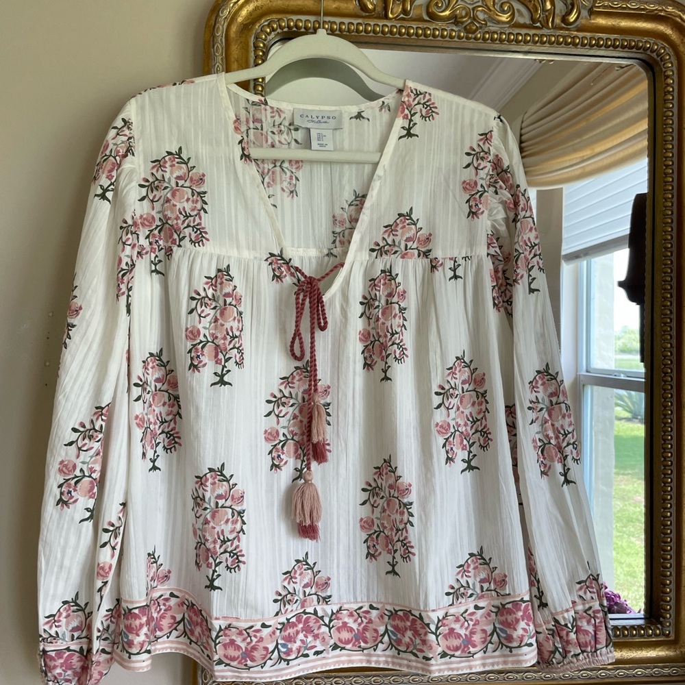 Calypso St. Barth White Blouse with Pink Floral Motif and Tassel Tie - Picture 2 of 8